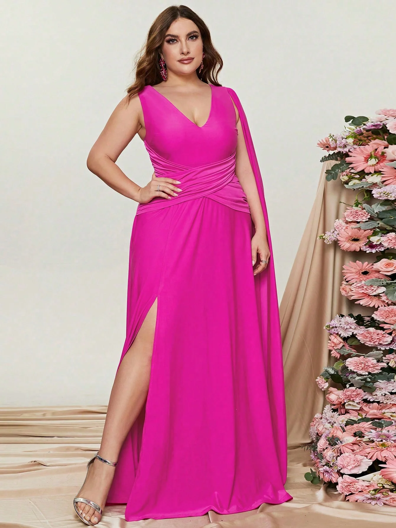 Plus Size Puff ärmel Rüschen Schlitz Party kleid