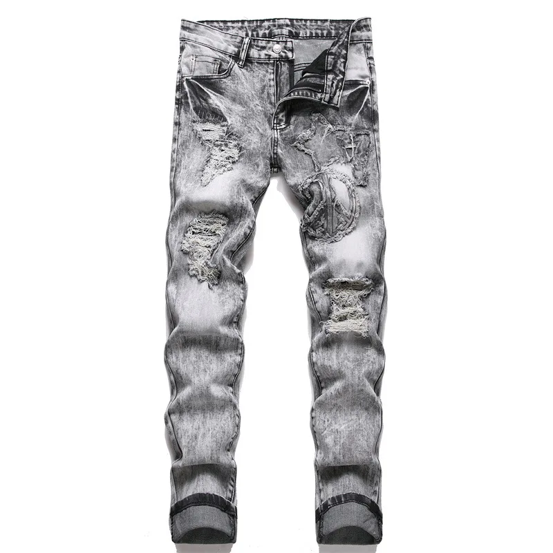 

New Punk Ripped Patch Jeans Mid-Waist Stretch Hip Hop Pencil Pants Men