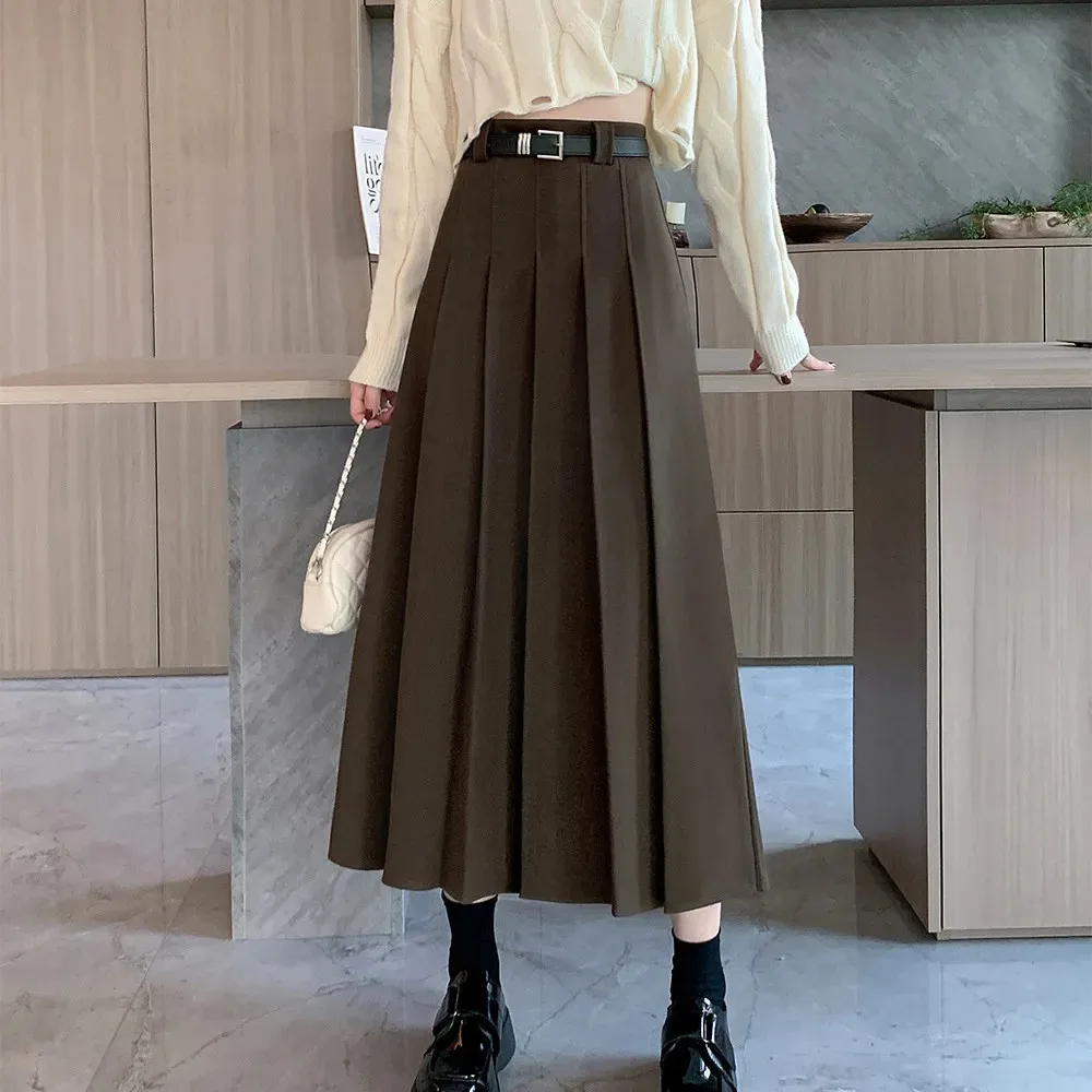 

Vintage Woolen Skirt Women'S Autumn Winter New High Waist Solid A Word Long Pleated Skirt Preppy Small Slimming Midi Dress Ins