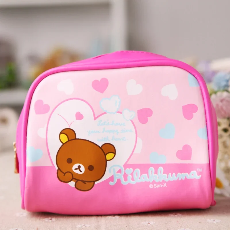 Cute Rilakkuma Makeup Bag Organizer Pink Leather Toiletry Storage Bag Cartoon Anime Make Up Cosmetic Bags Beauty Case