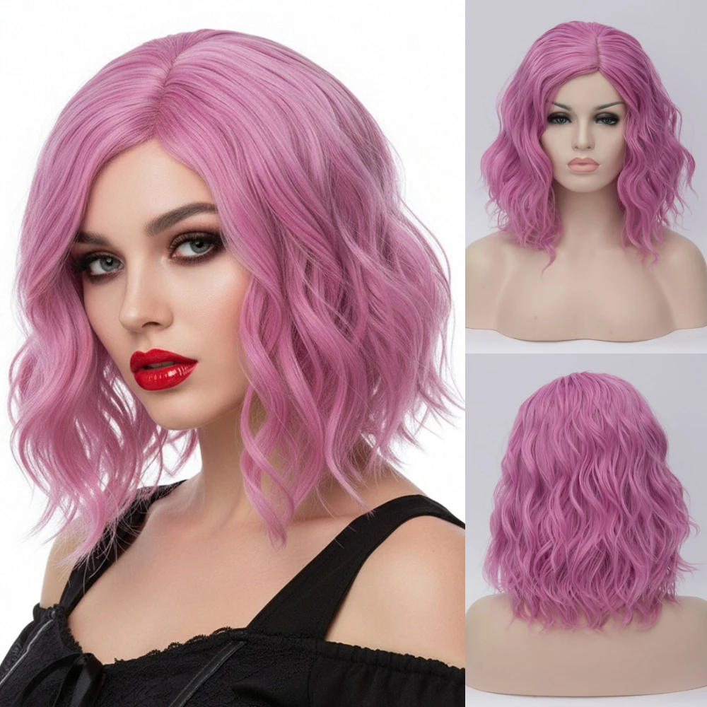 

Короткий волнистый синтетический парик для женщин, розовый шикарный стиль для костюмов на Хэллоуин и косплея