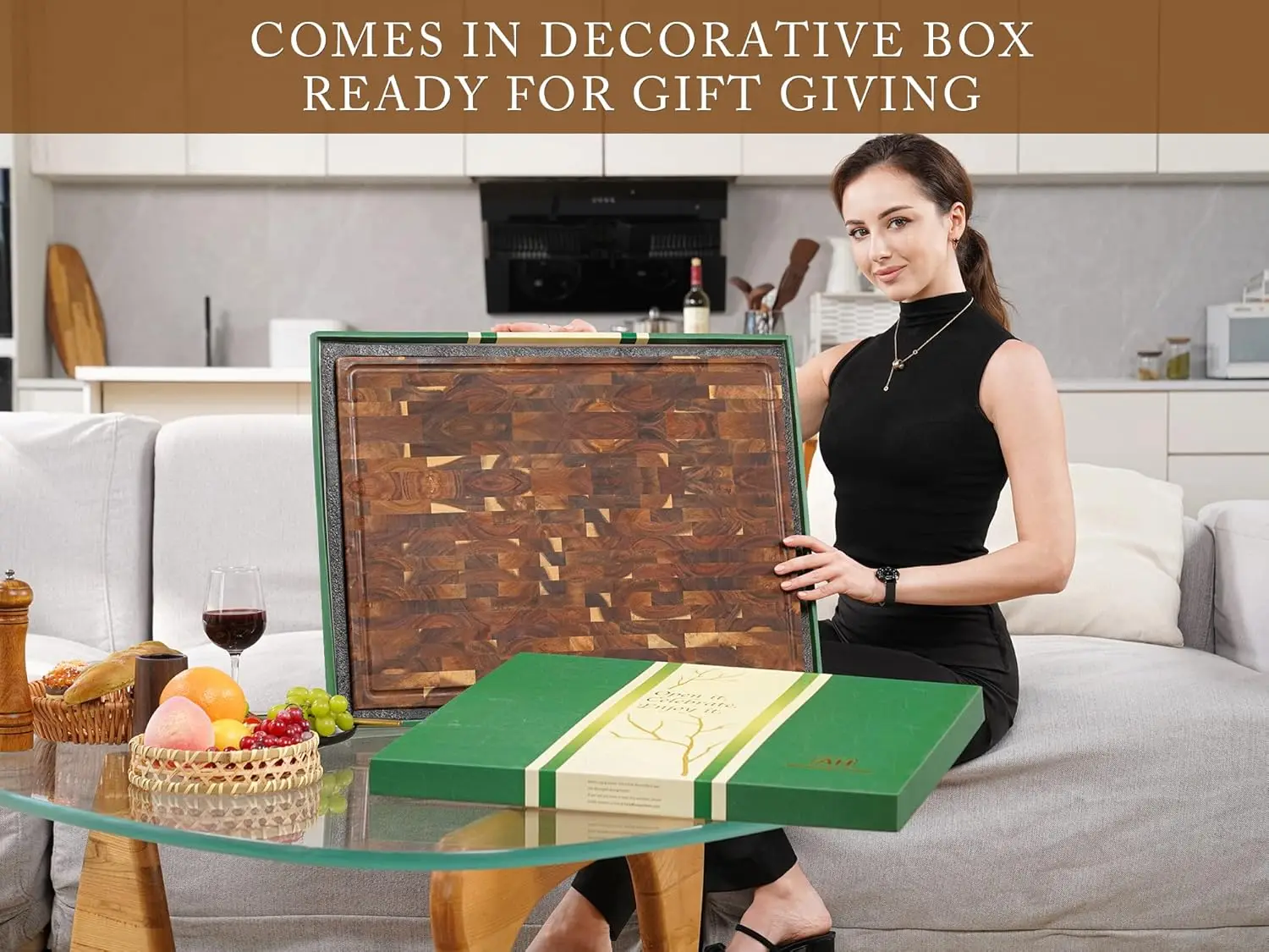 hom Extra Large Thick Acacia Wood End Grain Cutting Board 24X18X2 In, Wooden Butcher Block, Chopping Board For Kitchen With