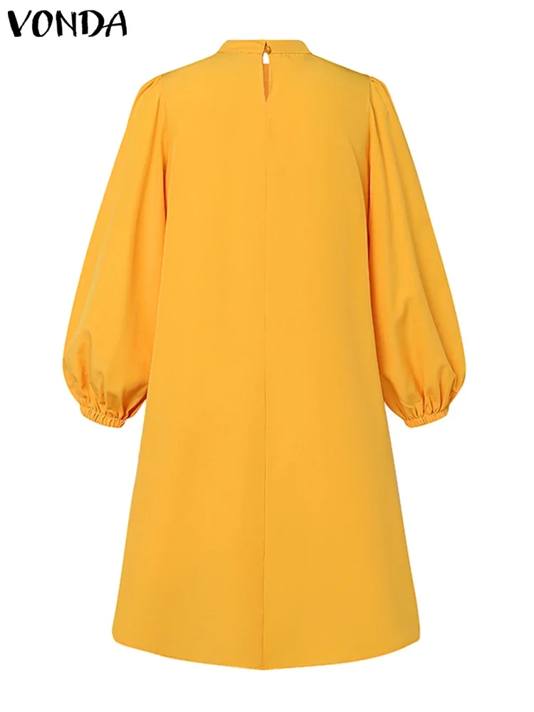 2025 otoño Vestido hasta la rodilla Mujer elegante Vestido veraniego Casual sólido Stand Collar Bownot Vestido batas de manga larga de talla grande VONDA