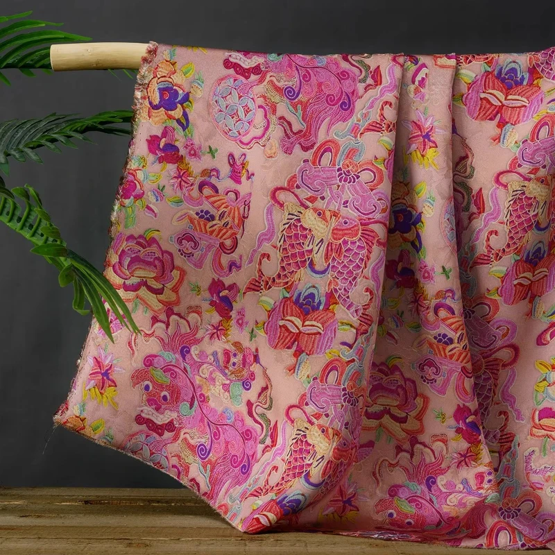 Pink Yellow Jacquard Fabric for Sewing Double Happiness Koi Carp Silk Oriental Dress Material Qipao Hanfu Vest Clothing Textile