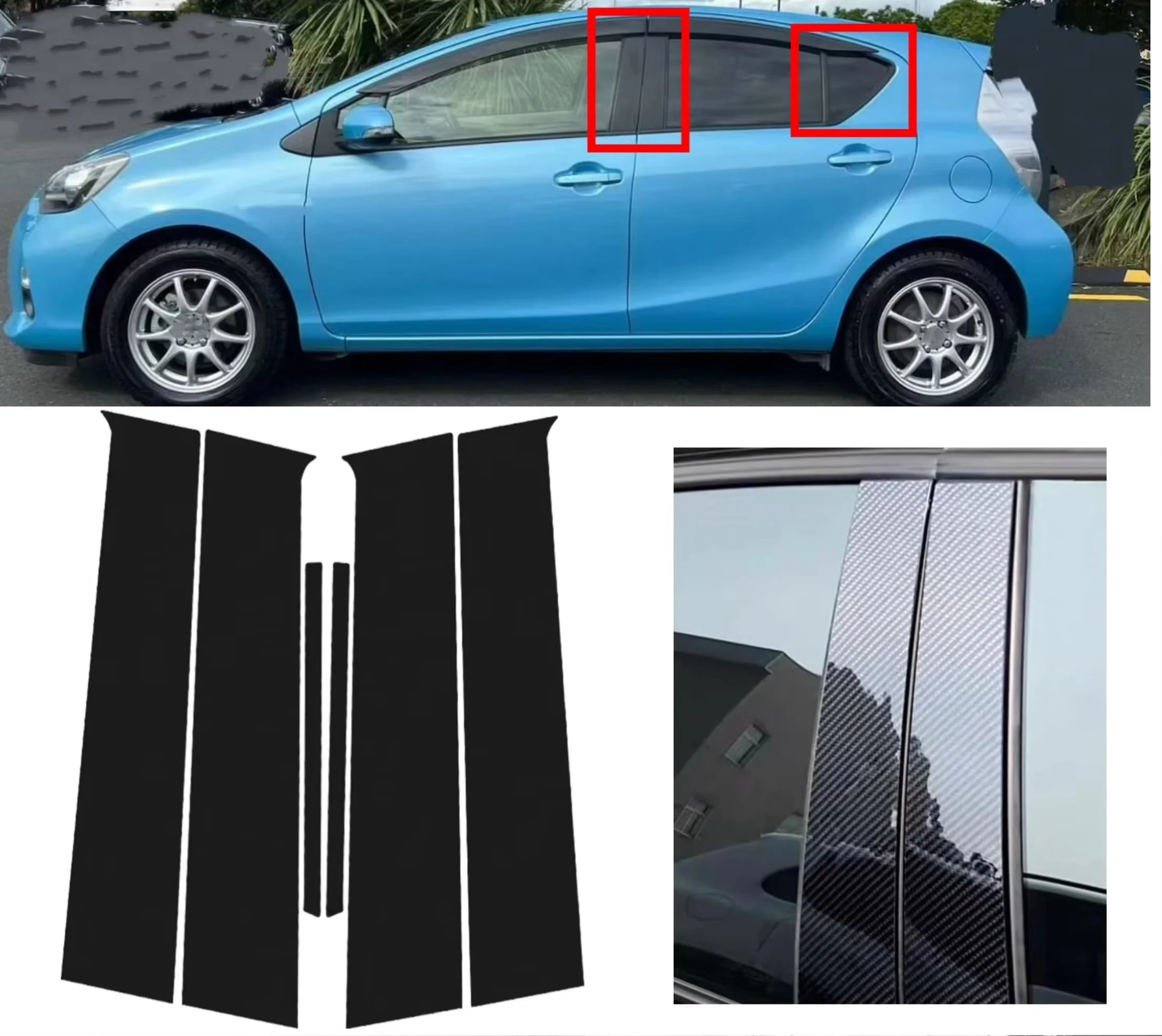 6PCS Gloss Black  Pillar Posts  Fit For Toyota Aqua 2012-2019 2013  Window Decor Door Side Mouliding Trim Cover Silver Carbon