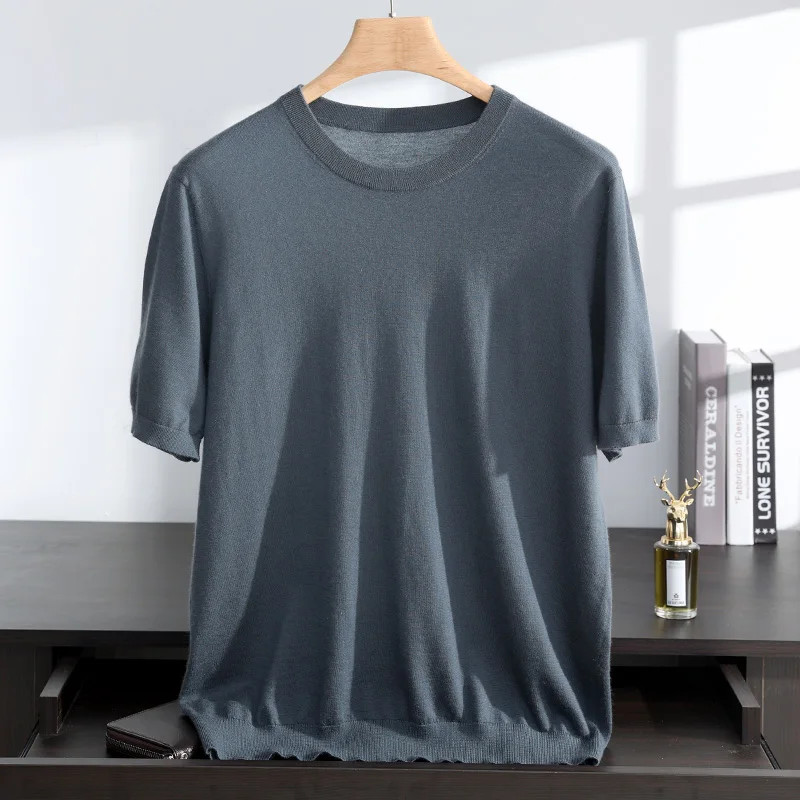 Men's T-shirt 100% Worsted Cashmere Short Sleeve Pullover High Quality Spring Summer T-shirt Mock Neck Sweater Breathable Tops