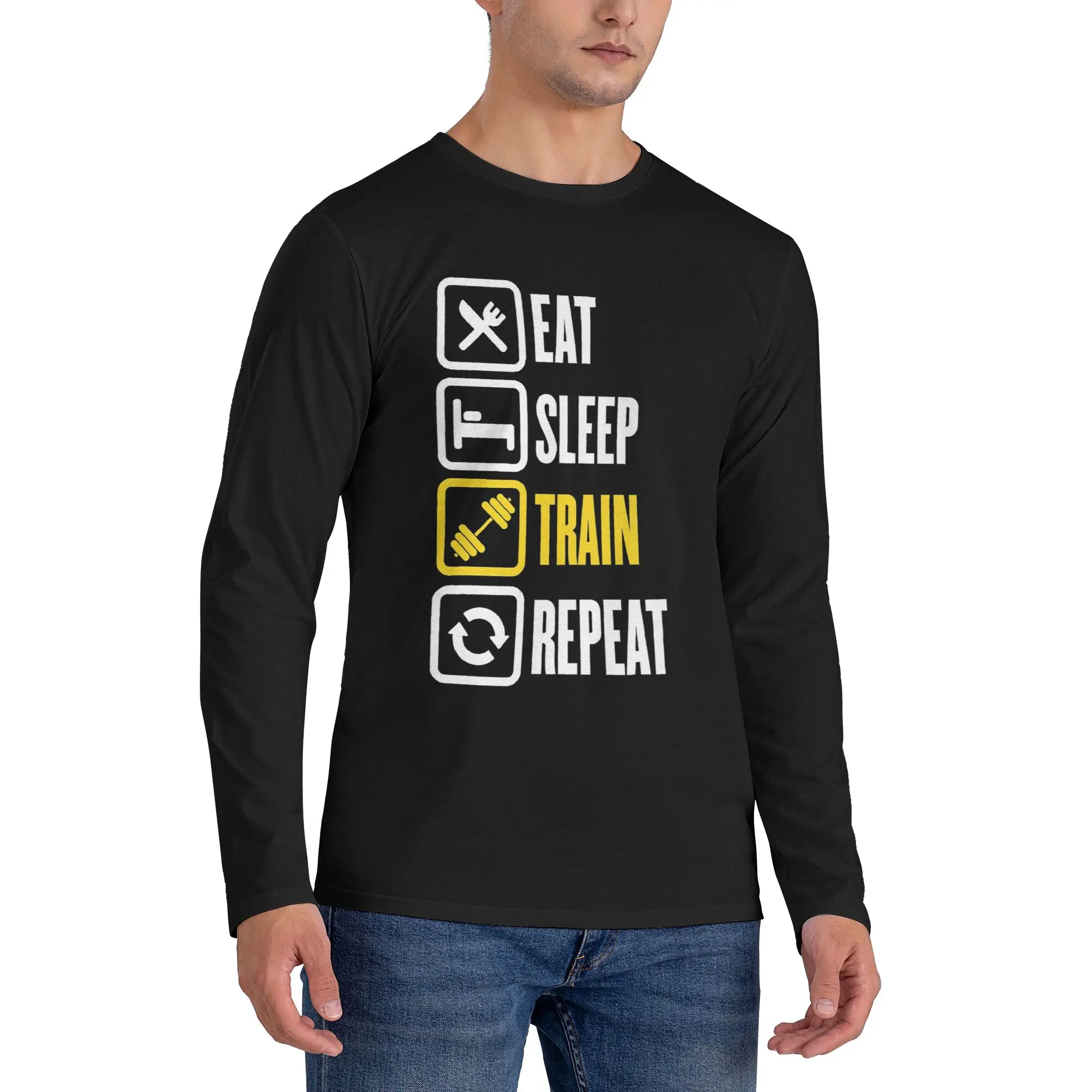 

Eat Sleep Train Repeat Gym Motivational Quote Men's Long Sleeved T-shirt Casual Round Neck T shirts Spring and Autumn Men tops
