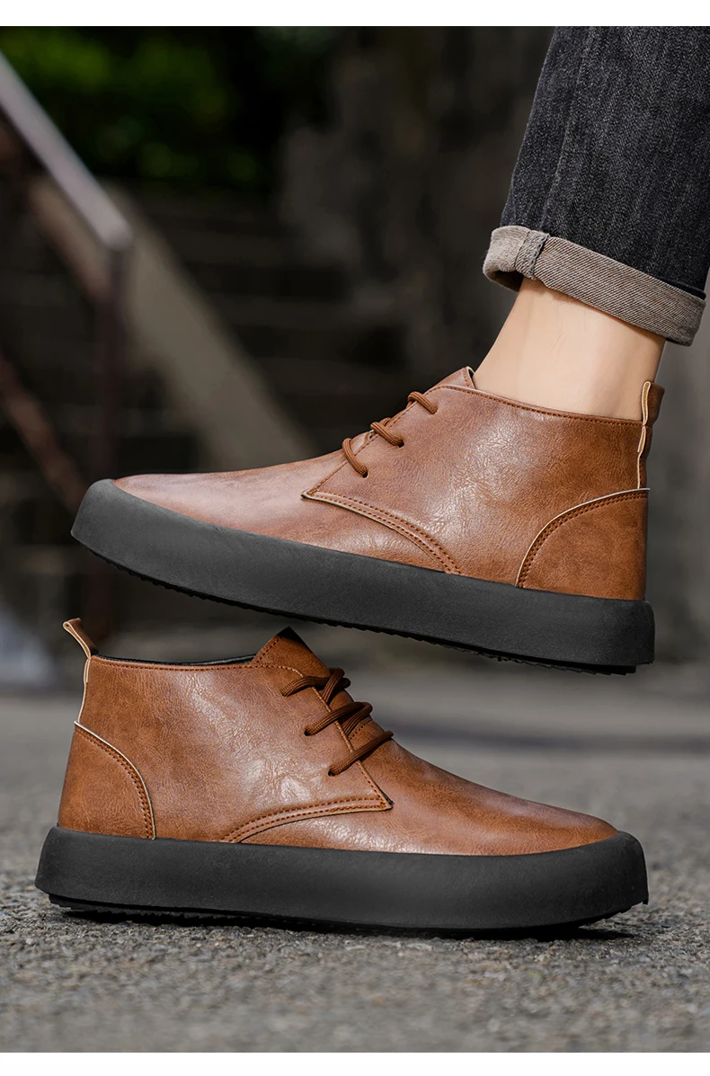 Herrenschuhe in großen Größen für Frühling und Herbst, trendige kurze Stiefel, Schuhe mit dicker Sohle, neue Herren-Lederschuhe mit mittelhohem Schaft und dicker Sohle, lässige und modische Herrenschuhe. – Detail 10