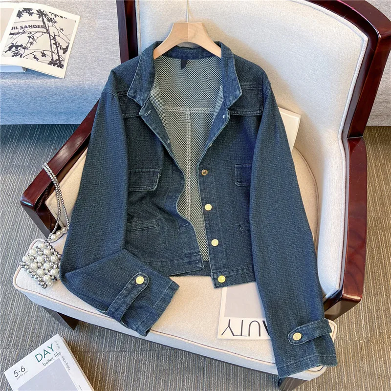 

Новая осенняя винтажная джинсовая куртка для женщин, укороченная, с эффектом потертости, синяя, повседневная, с отложным воротником, с длинными рукавами, Jaquetas Feminina