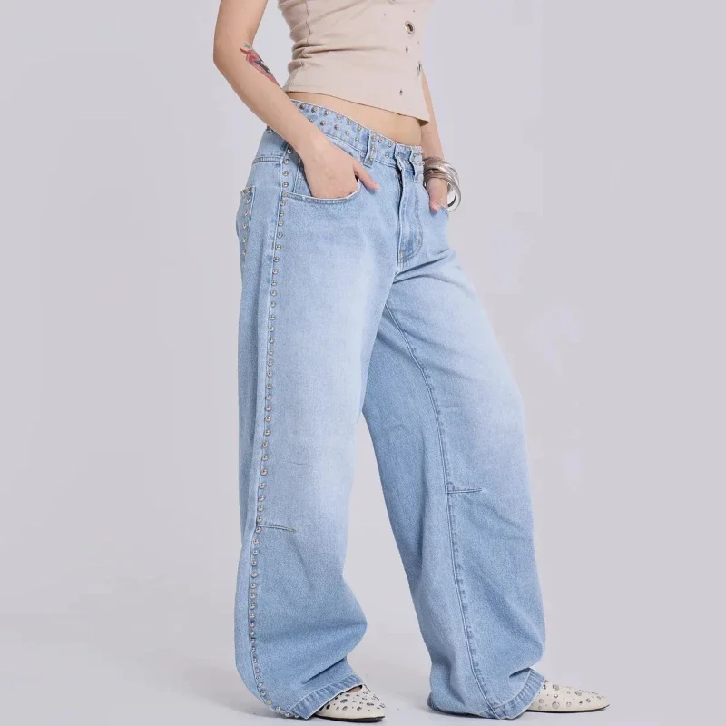 

Y2K синие женские джинсы в американском стиле ретро с дизайном из бисера, свободные джинсы, классические простые повседневные широкие брюки с высокой талией