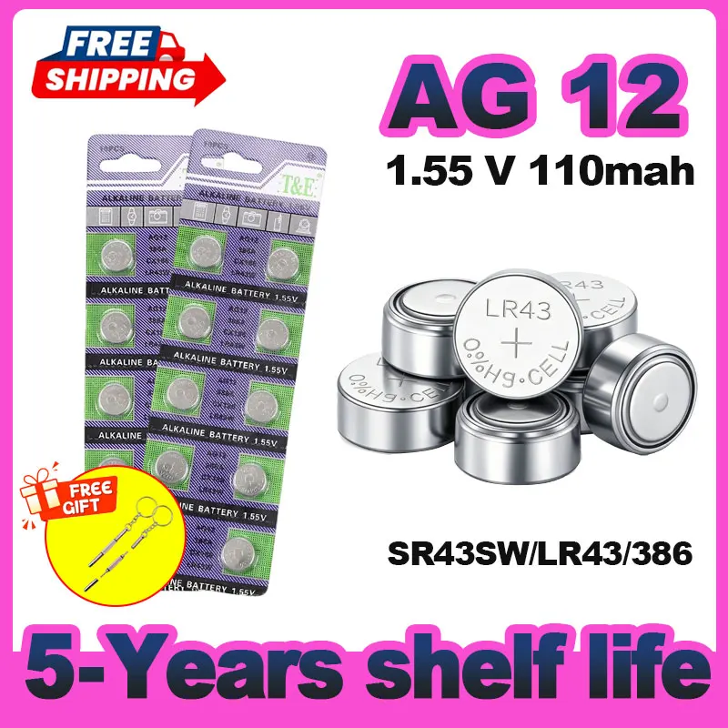 

High Quality 1.55V AG12 LR43 SR43 SR43W Button Batteries 10-50PCS 386 186 LR1142 V12GA For Watch Toys