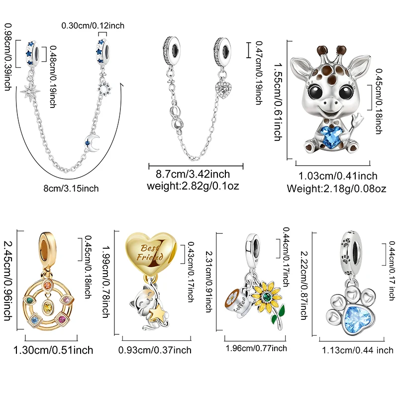 925 Sterling Silver giraffes Sunflower Coffee Cat&Puppy Love Pendant Charm Ball Suitable for DIY Women's High Quality Jewelry