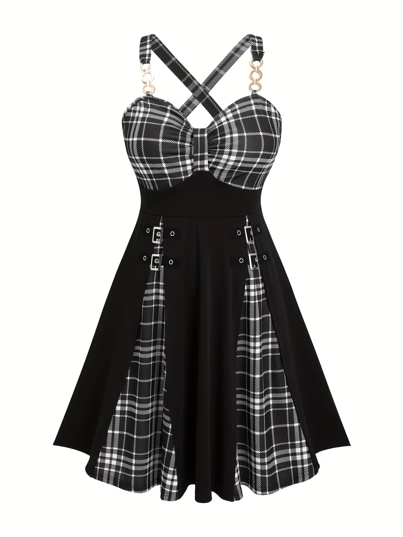 

Хит продаж: женское платье больших размеров в клетку с пэчворком, декором в виде перекрестных сердец и застежкой на шее, в стиле ретро-панк-готика для вечеринок.