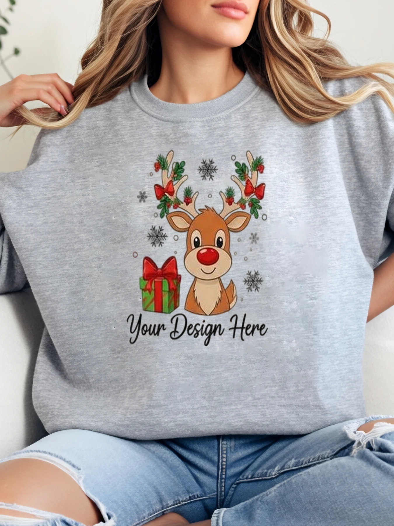 

Reindeer with Christmas Gift and Snowflakes Print Holiday Sweatshirt Women Casual Wear Plus-Size