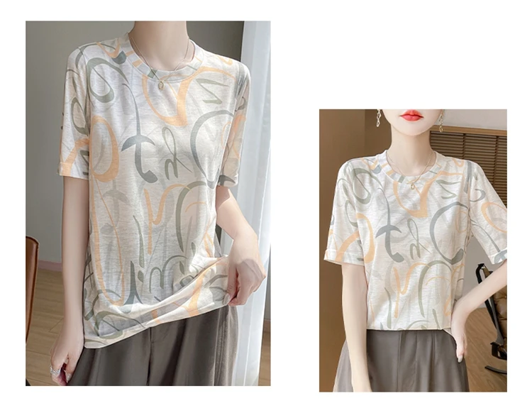 Summer New Women's Round Neck Printed Knitted Short-Sleeved Thin T-shirt Loose Bottoming Shirt