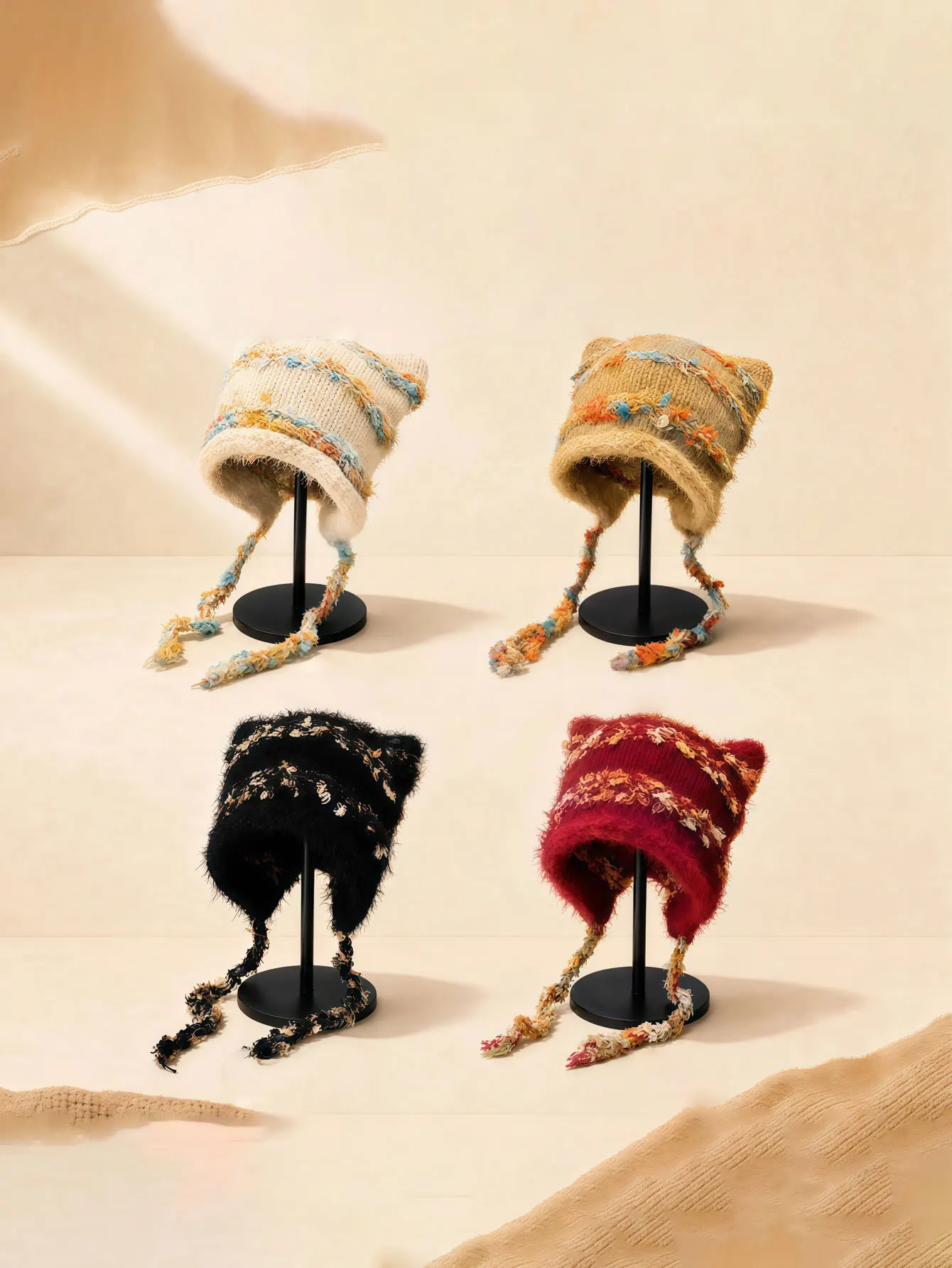 1PC  Cat-ear knitted ear-warming cap, warm and adorable, makes the face look smaller. Mixed-color plush with drawstring style.