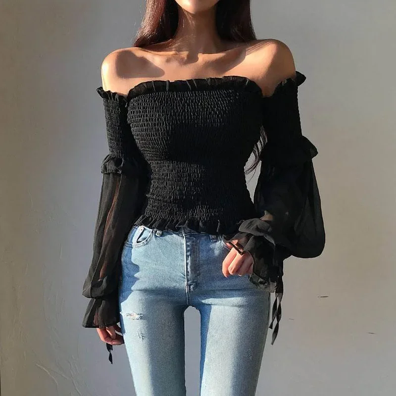 2024 Spring Fashion Women Long Sleeve Off Shoulder Cropped Tops Solid Color Pleated Bow Blouse Ladies Shirt Lace Up Corset 12813