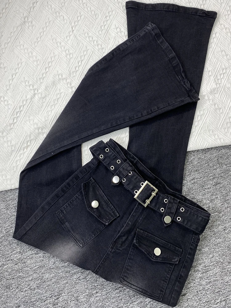 

Spicy Girls Flare Jeans with Belt Spring Autumn Retro High Waist Slim Fit Denim Trousers 2025 New Women's Chic Jean Pants