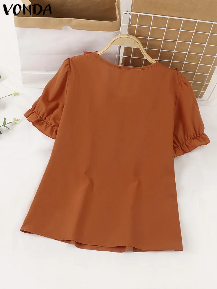 VONDA-Blusa de manga curta soprada feminina, tops casuais, túnica monocromática, gola de boneca, botões, camisas elegantes, moda, verão, 2024