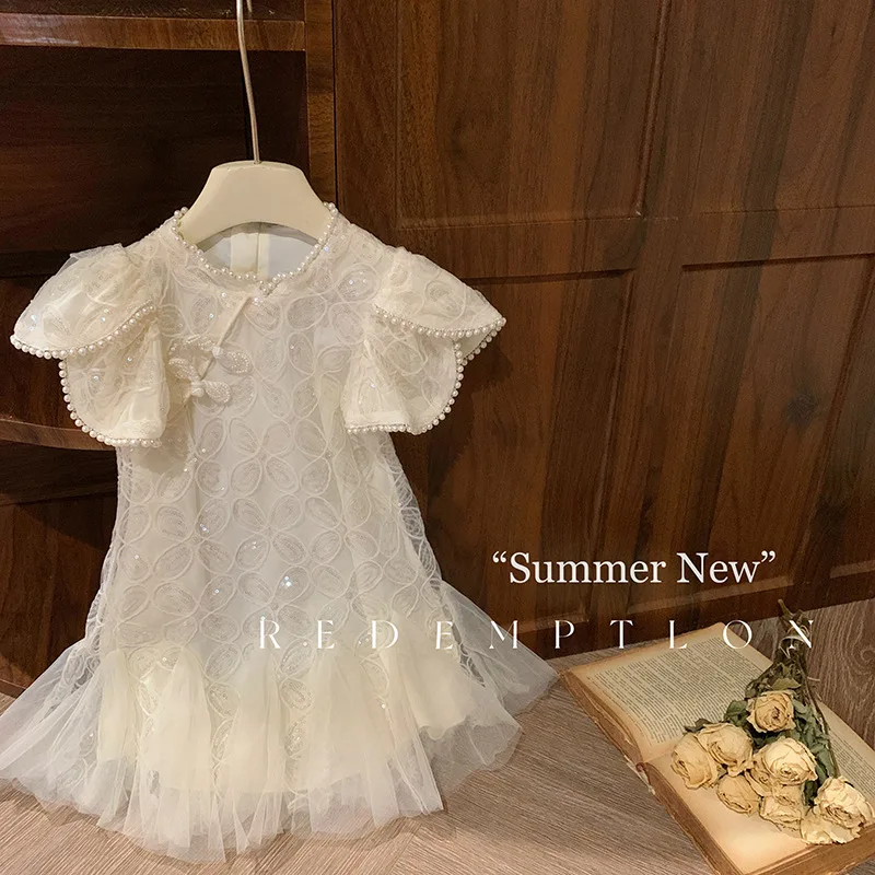 Girls Dress 2024 Summer New Fashion Little Girl White Fashionable sweat and gentle Princess Dress