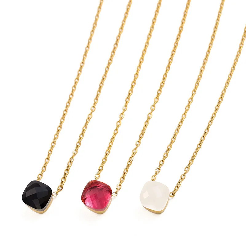 Minimalist Non Tarnish Free Waterproof Jewelry Pendant Colorful Crystal Necklace Women Stainless Steel Necklace Chain