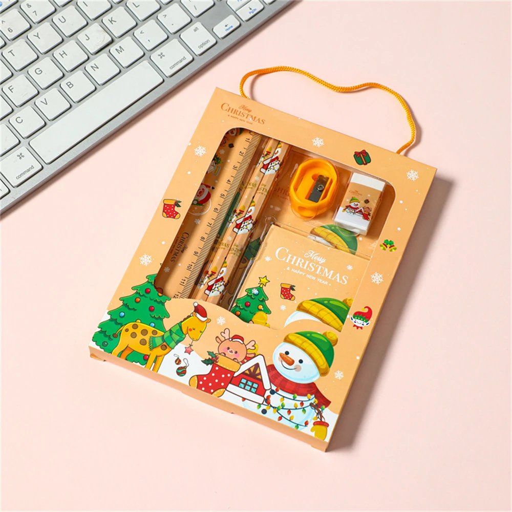 6pcs Christmas Stationery Set Kids Cartoon Pencils Eraser Ruler Memo Pads Pencil Knife Set School Supplies Back To School Gift