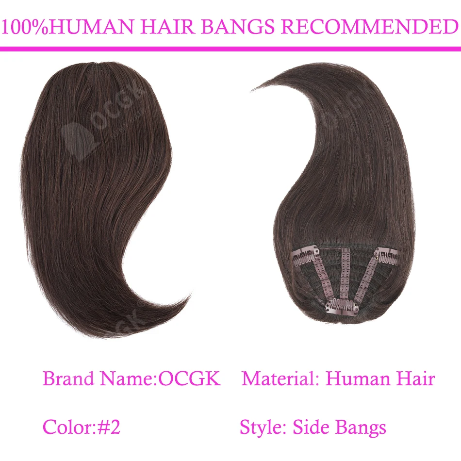 100% Human Hair Side Bangs Clip Color 4 Medium Brown Invisible Natural Straight Fringe Hair Extensions