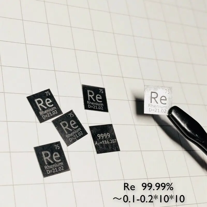 

10mm Engraved Rhenium Metal Sheet Periodic Table Sample 99.99% Pure Re Specimen