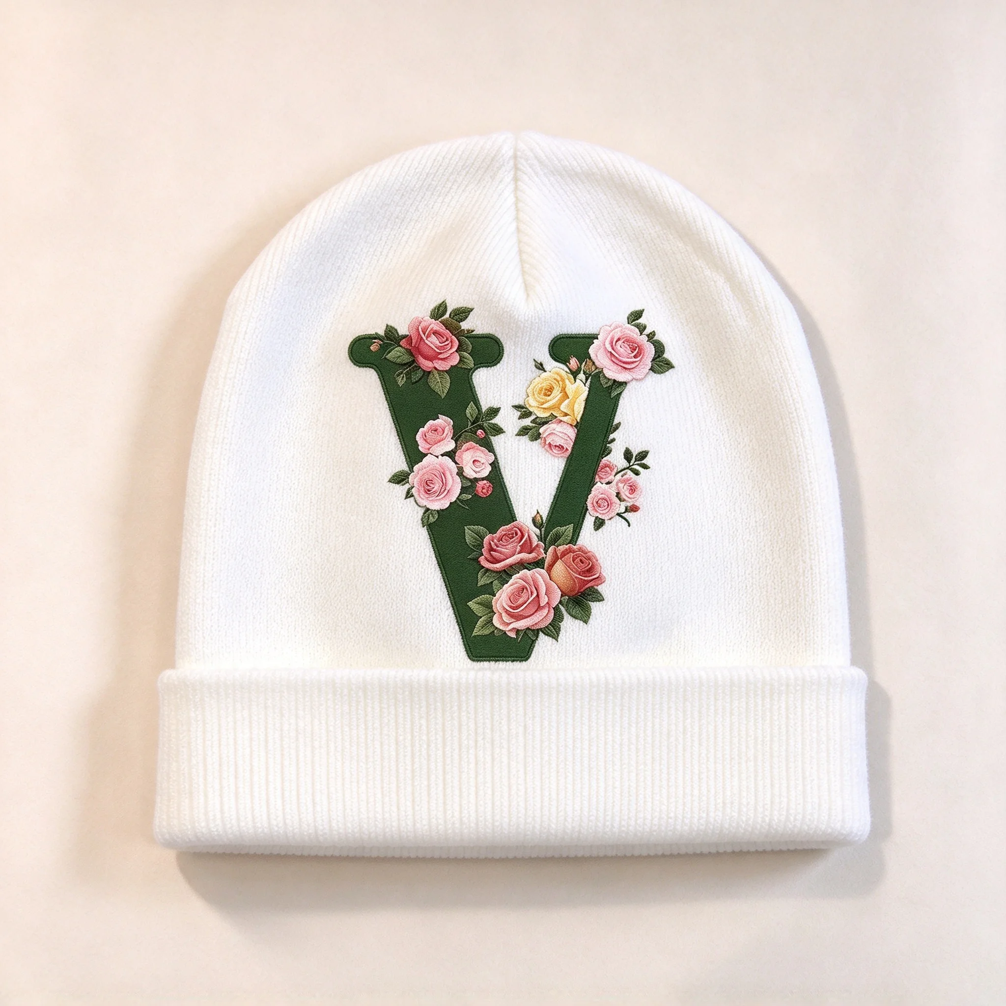 2026 Cuffed Beanie Hat Floral Letter V Print Soft Casual Daily Outdoor Headwear for Men Women Autumn Winter