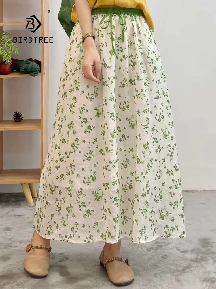 

New Summer Cotton Linen A-Line Skirts Women Elastic Waist Flower Skirt Mori Girl Sweet Loose Casual Skirt 2024 Autumn B466108QC