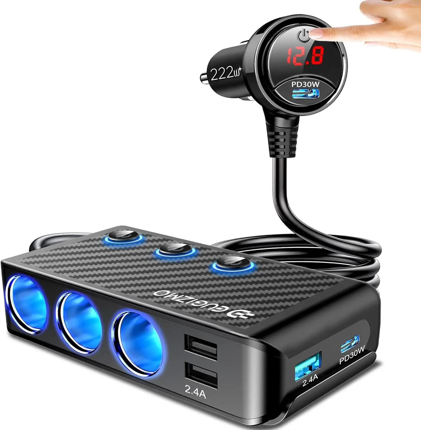 

3-портовый адаптер автомобильного прикуривателя мощностью 222 Вт с USB, светодиодным дисплеем напряжения и независимыми переключателями