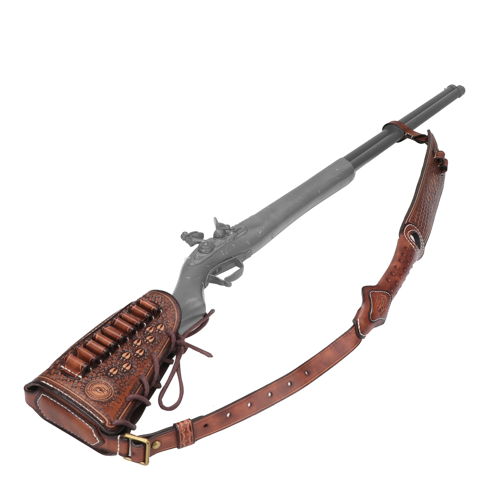Tourbon Hunting Rifle Cheek Riser Shotguns Buttstock Cover with Cartridges Slot Gun Sling Shoulder Strap Leather Brown (1 Set)