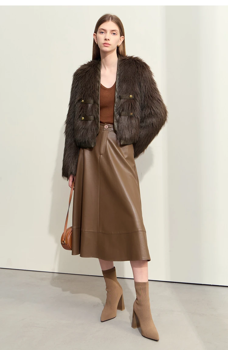 AMII 2026 Winter New Fur Jacket Solid Color Modern Warm Outerwear V-neck Imitation Fur Loose Spliced PU Top Female 12424012