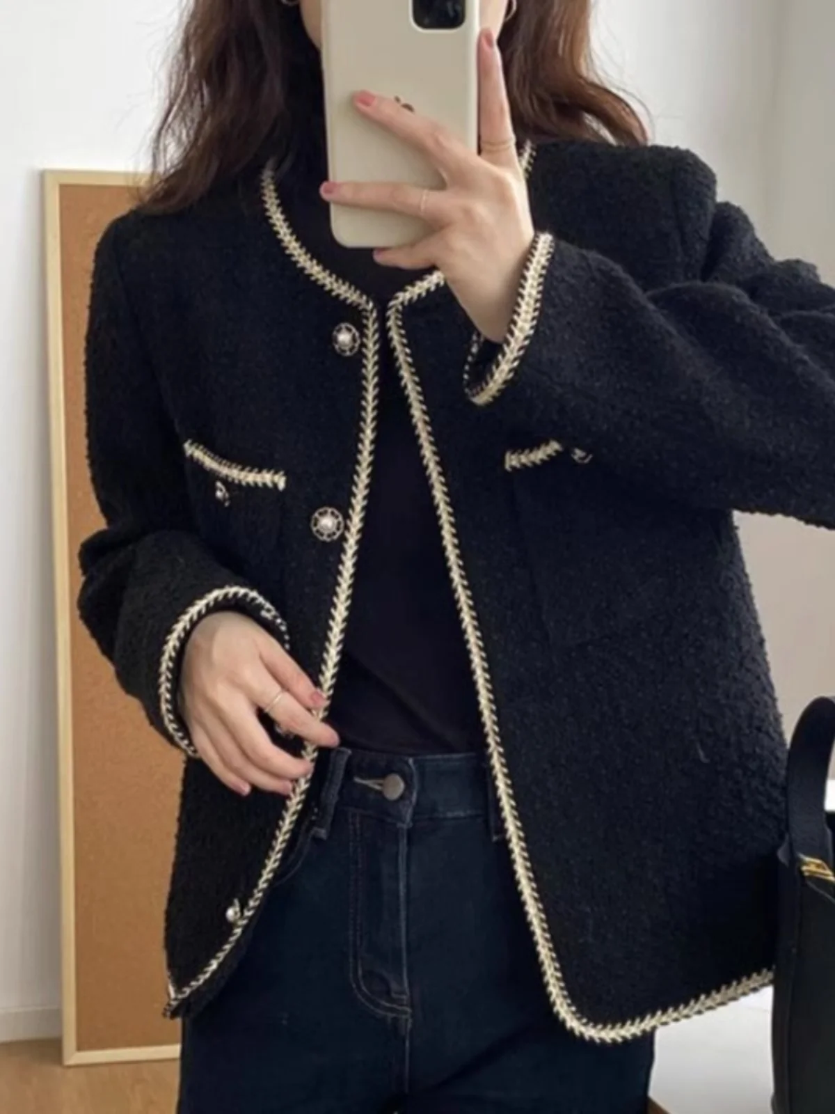 

plus Size Bla Sle Jaet Women's Spring Autumn Winter New High-End Slimming oulder Level Top round Ne Thiened