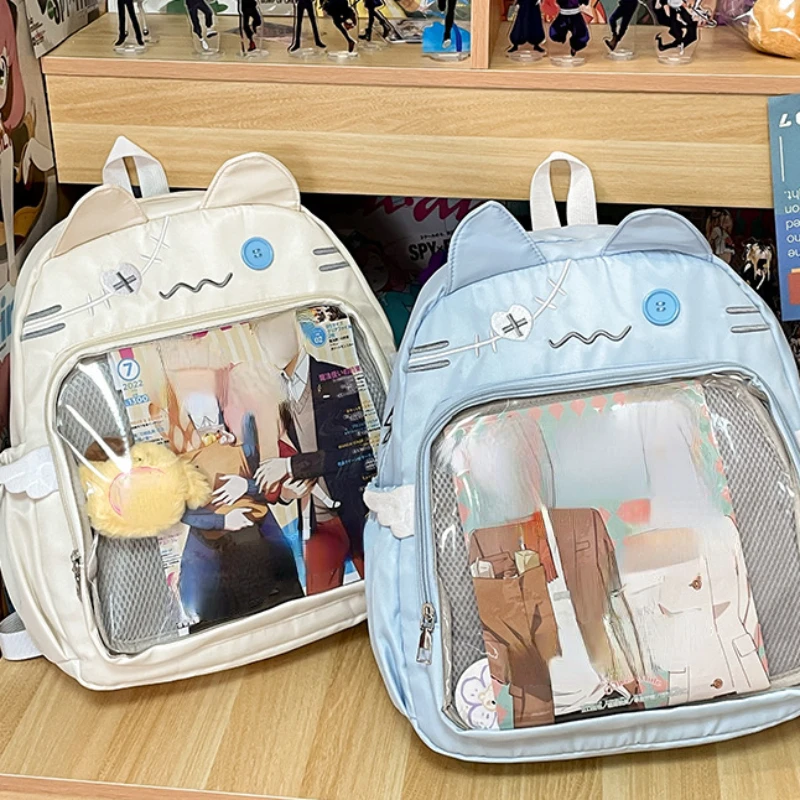 Japanese Transparent Preppy Backpacks Sweet Kawaii Cat Y2k Aesthetic Students Schoolbags New Casual Fashion Chic Ita Bags Women