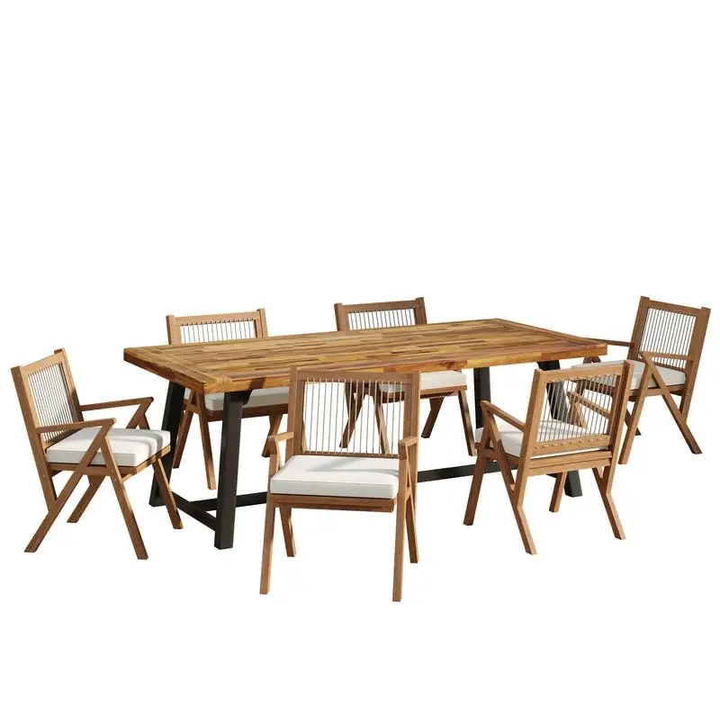 7-teiliges Outdoor-Essset aus Akazienholz mit Stühlen mit Seilrückenlehne, Teakholz- und schwarzem Finish