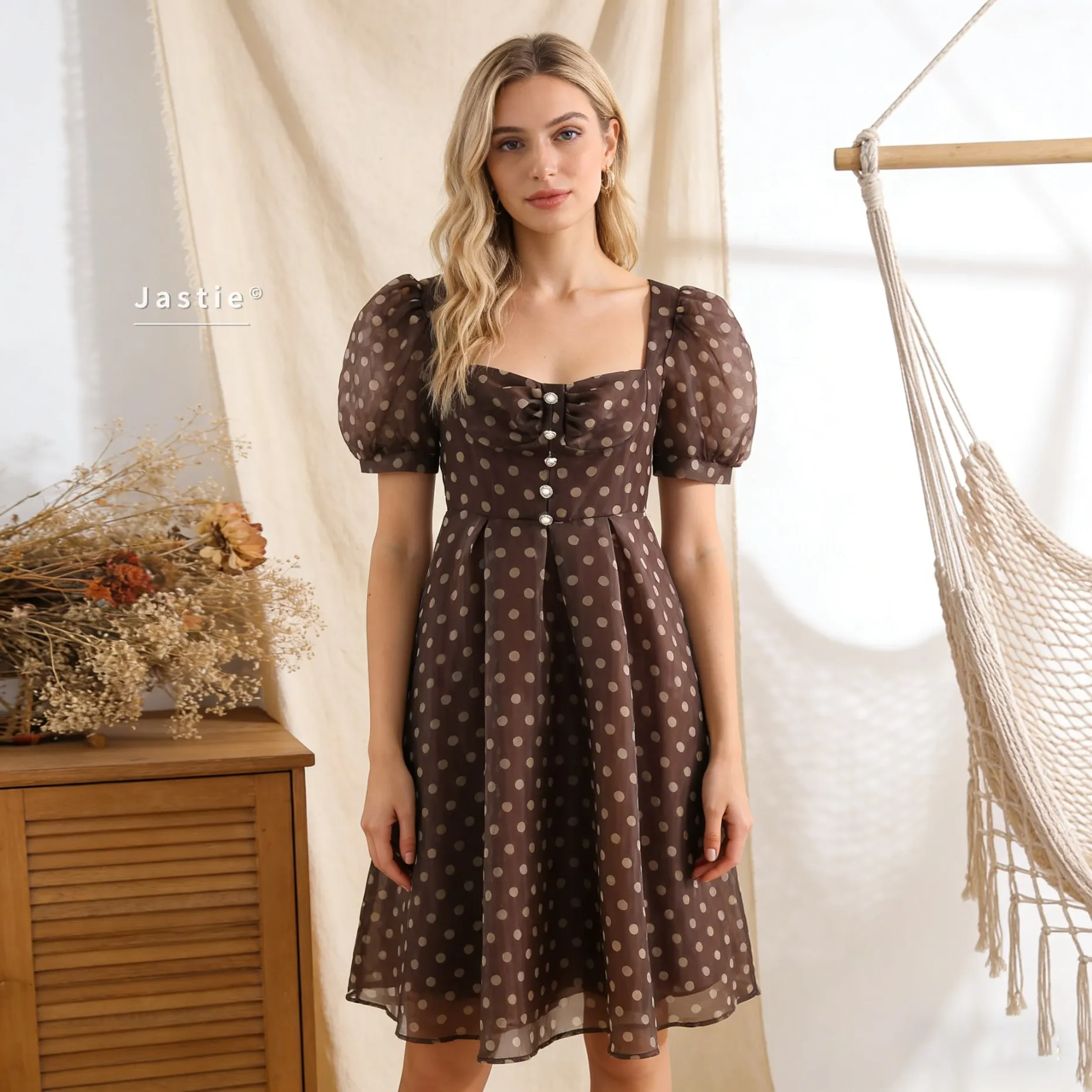 

Французское винтажное мини-платье в горошек для женщин, летнее, сексуальное, с квадратным вырезом, пышными рукавами, высокой талией, сетчатое, для вечеринок, элегантное, ретро-платье