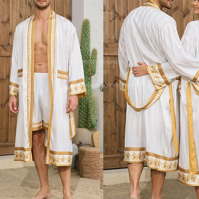 Men Robe Sleepwear Baroque Style Print Kimono Satin Peignoire De Douche Homme Couple Bathrobe Nightwear Groom Loose Robe