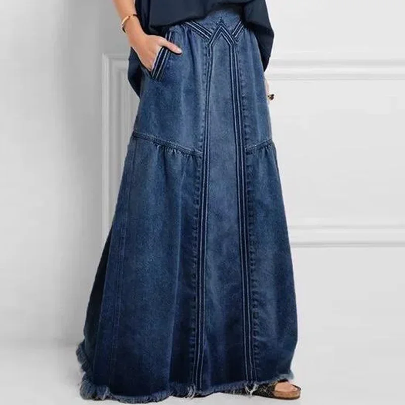 Women Y2k Skirt Denim Long Skirts Loose A Line Elastic High Waist Skirt Pocket Jeans Autumn Winter Casual Elegant Mom Streetwear