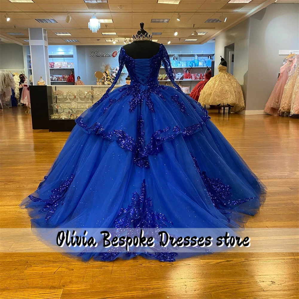 Glanzend Koningsblauw Lange Mouwen Quinceanera Jurk Kralen Appliques Ruche Baljurk Voor Verjaardag Vestidos De 15 Quinceañera Azul Rey