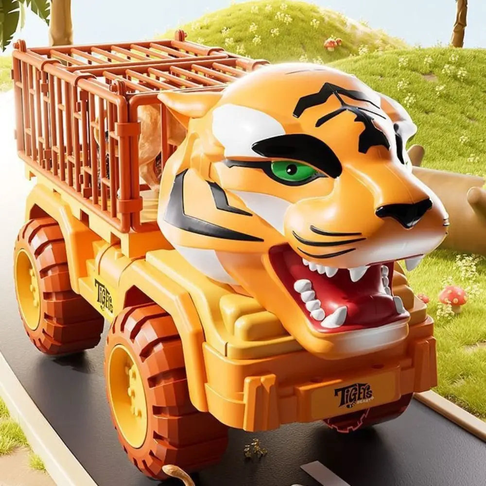 Veicolo da trasporto tigre simulato in plastica con figure di animali Camion scorrevole con tirare indietro Giocattoli Collezione di auto Decorazioni artigianali