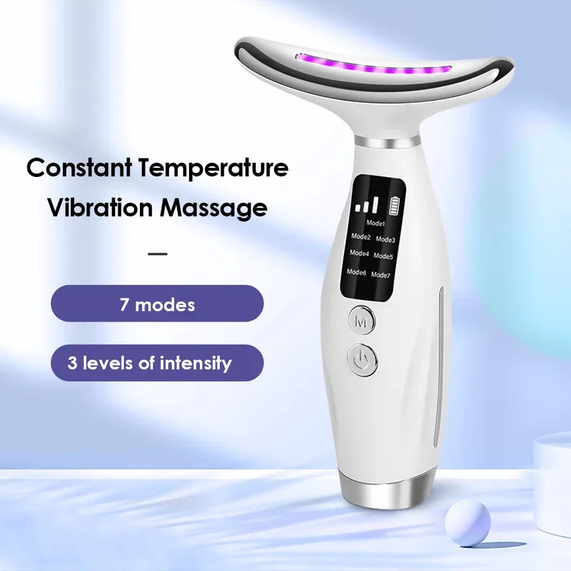 Appareil de beauté pour le visage et le cou avec lumières LED 7 couleurs, massage par vibration, améliore les rides du cou, utilisation à domicile, machine de lifting du visage, 7 modes, 3 niveaux