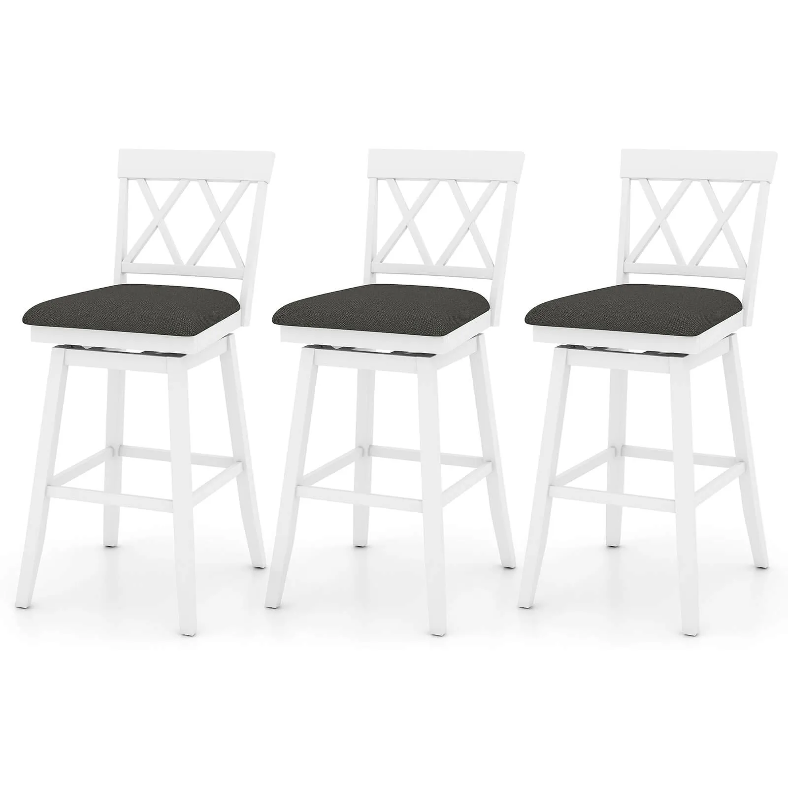 30'' Bar Stool Wooden Chair Set of 3 w/Contoured Backrest Swivel Padded Seat