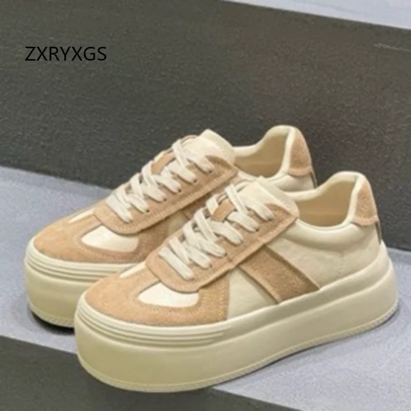 ZXRYXGS 2025 New Genuine Leather Splicing and Color Matching Women Sneakers Platform Elevator Shoe Fashion Casual Shoes Tide