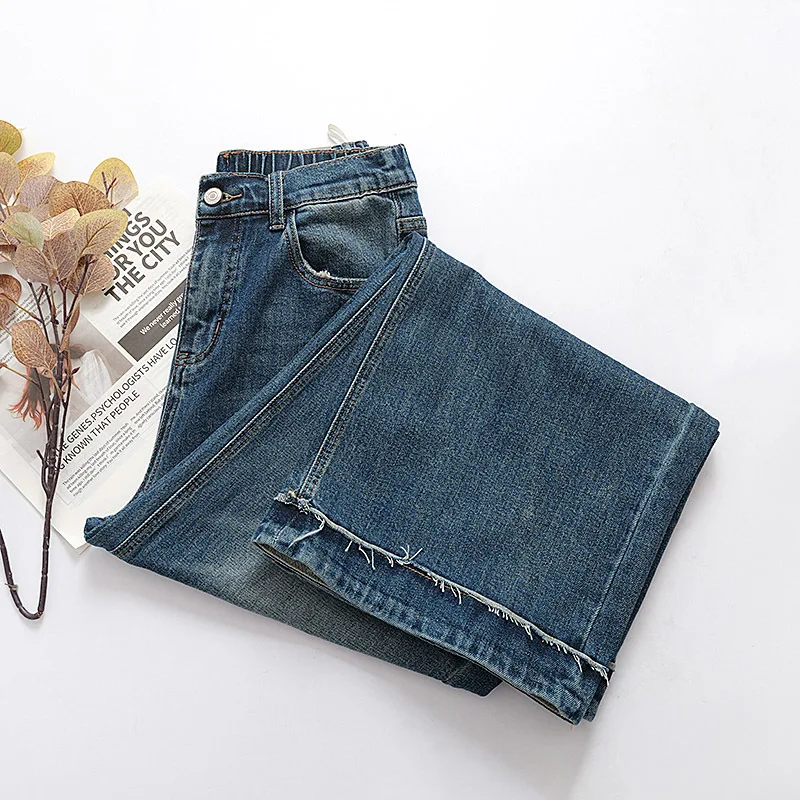 Moda plus size calças de brim femininas outono estilo namorado retalhos franjas estiramento denim perna larga calças comprimento total 8373