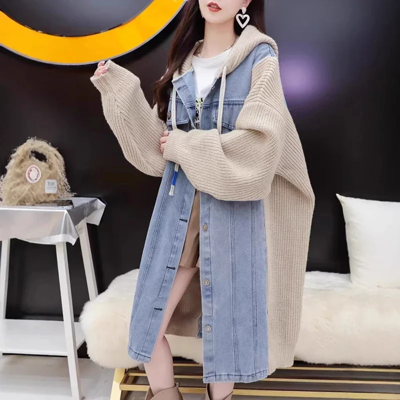 

Женский модный джинсовый вязаный длинный кардиган, осень-зима, однобортное длинное пальто с капюшоном, повседневный свободный кардиган с длинными рукавами
