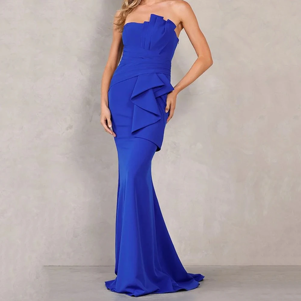 

Customized Mermaid Evening Dresses Floor-length Strapless Sleeveless Prom Gown Fashion Pleat Simple Draped Backless Party Gown