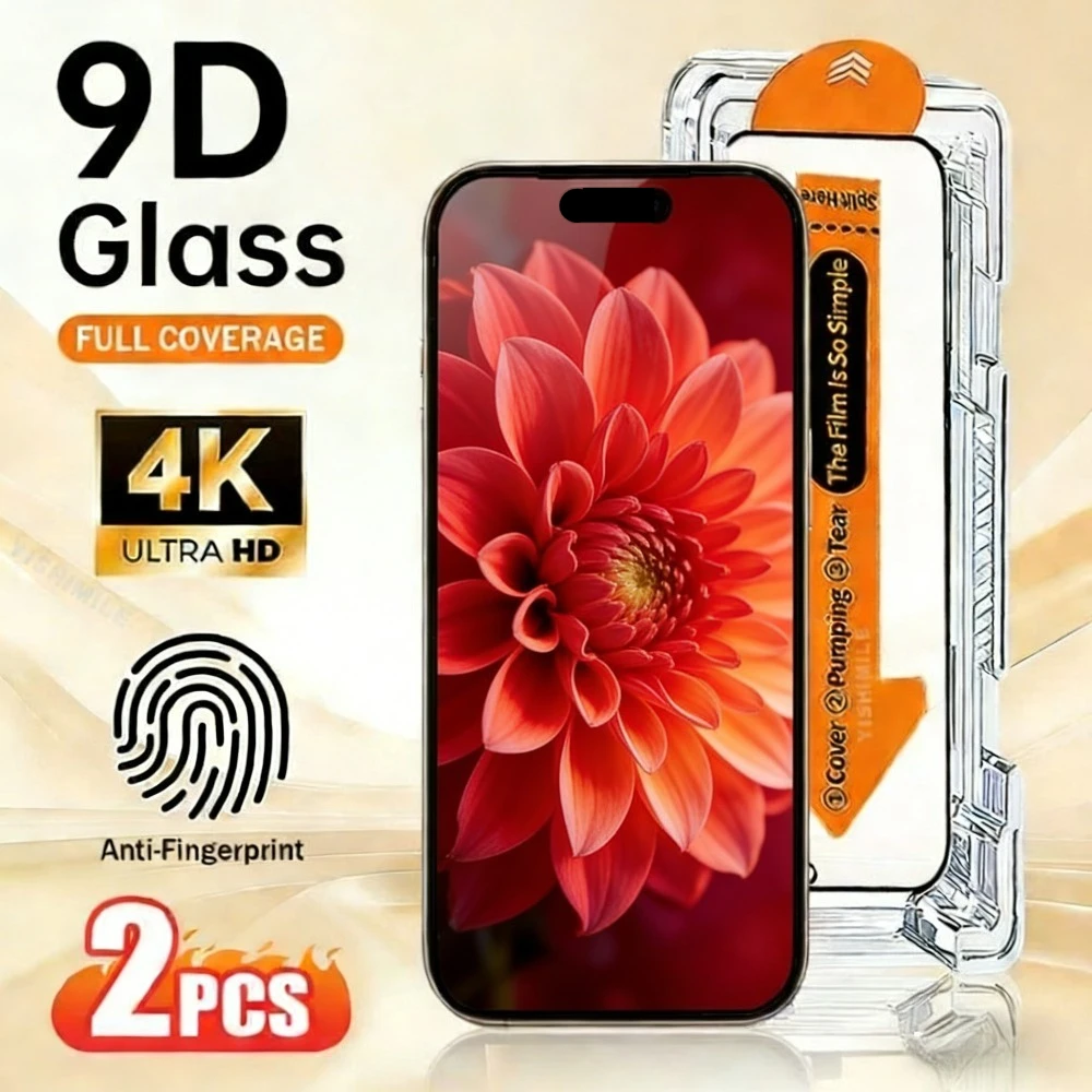 

2Pcs Full Cover Screen Protector for iPhone 17 16 15 14 Pro Max Air 17e 16e 13 12 11 Pro 15 14 Plus One Click Installation Glass