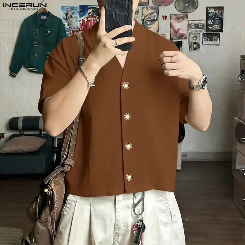 

INCERUN Men Shirt Solid V Neck Short Sleeve Button Summer Camisas Masculina Streetwear Loose 2026 Fashion Tops Menswear Clothing