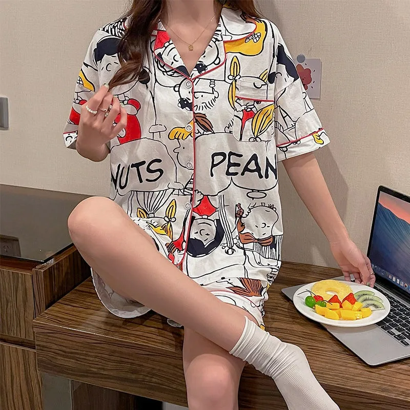 

Kawaii Snoopy short-sleeved pajamas for women summer thin cartoon cute cardigan loose can be worn outside home clothes set gift